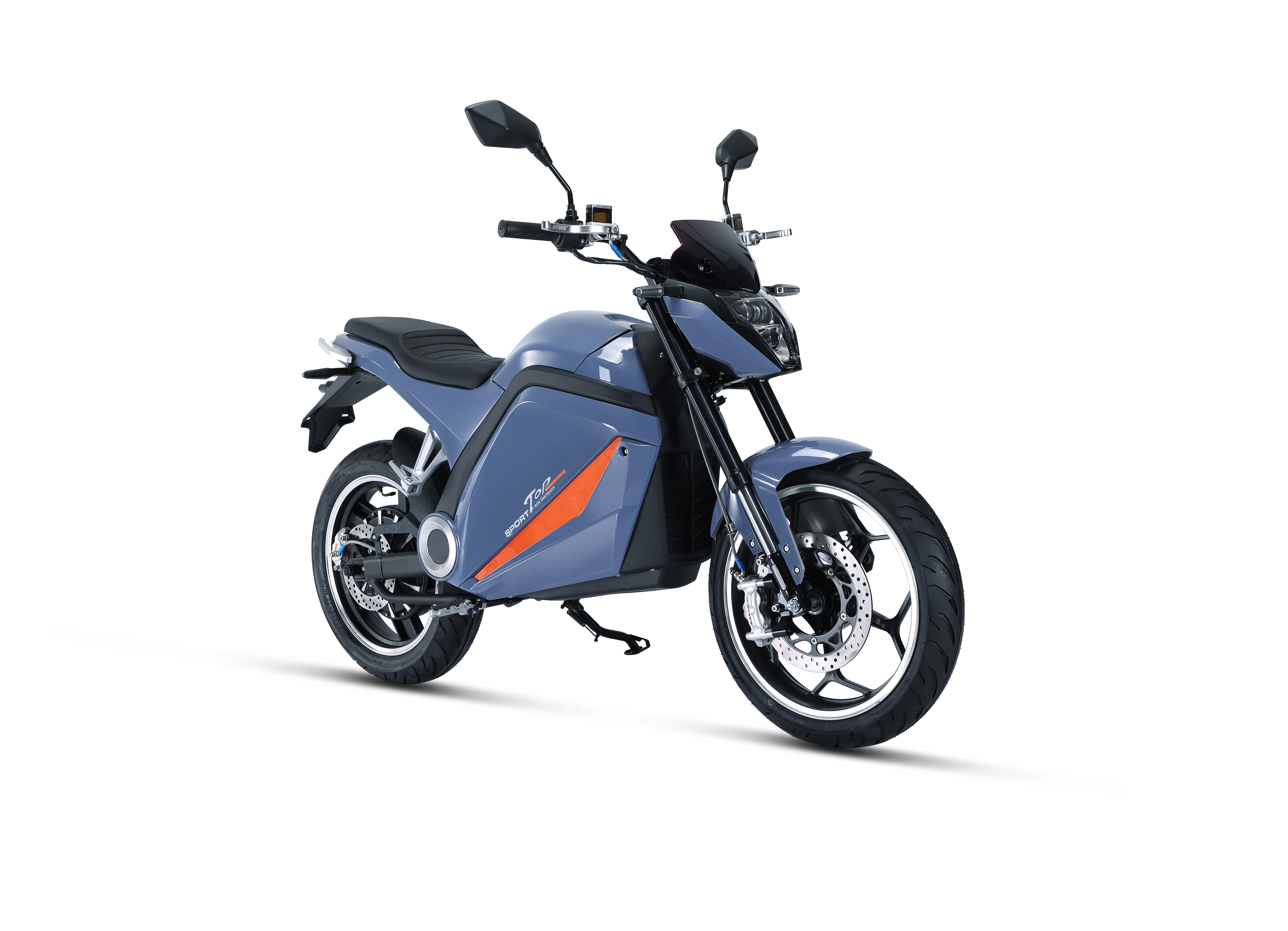 Blue-gray electric motorcycle with orange accents