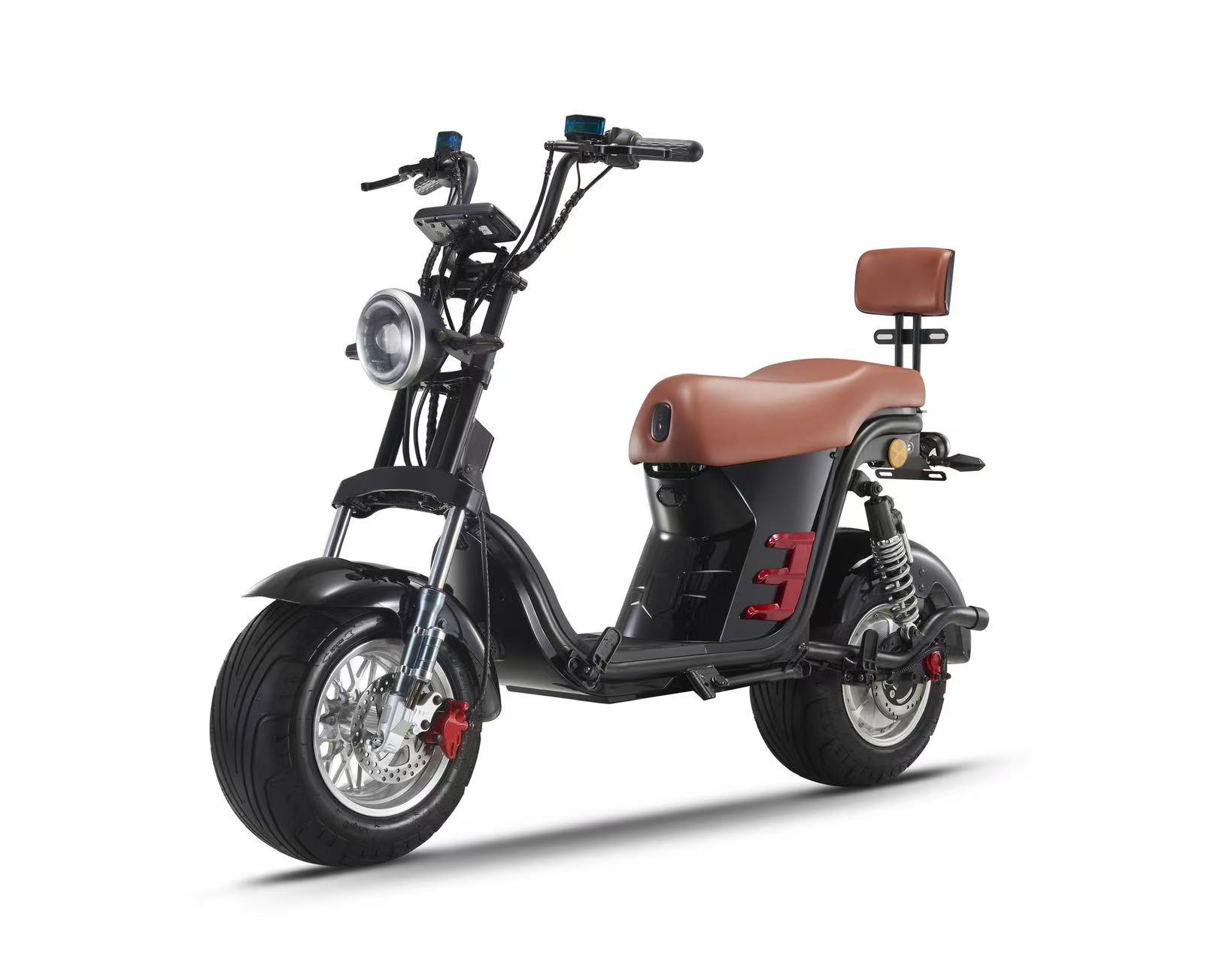 Black fat-tire electric scooter with brown seat and backrest